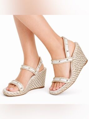 White House Black Market Studded Rope Wedge Sandals Metallic Gold 8.5 Resort